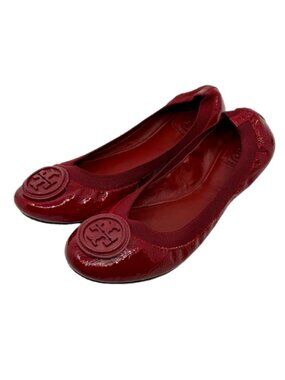 TORY BURCH~Reva Logo~BALLET FLATS~Ruby Red Patent Leather Shoes~SIZE 9.5